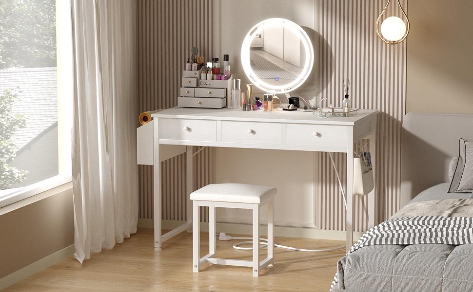 Lufeiya White Makeup Vanity Desk with Mirror and Lights, 40 inch Make Up Vanity Desks with Fabric Drawers & Power Outlet, Dressing Table and Chair Set for Girls Bedroom, White/White Gold, Get Free Gift