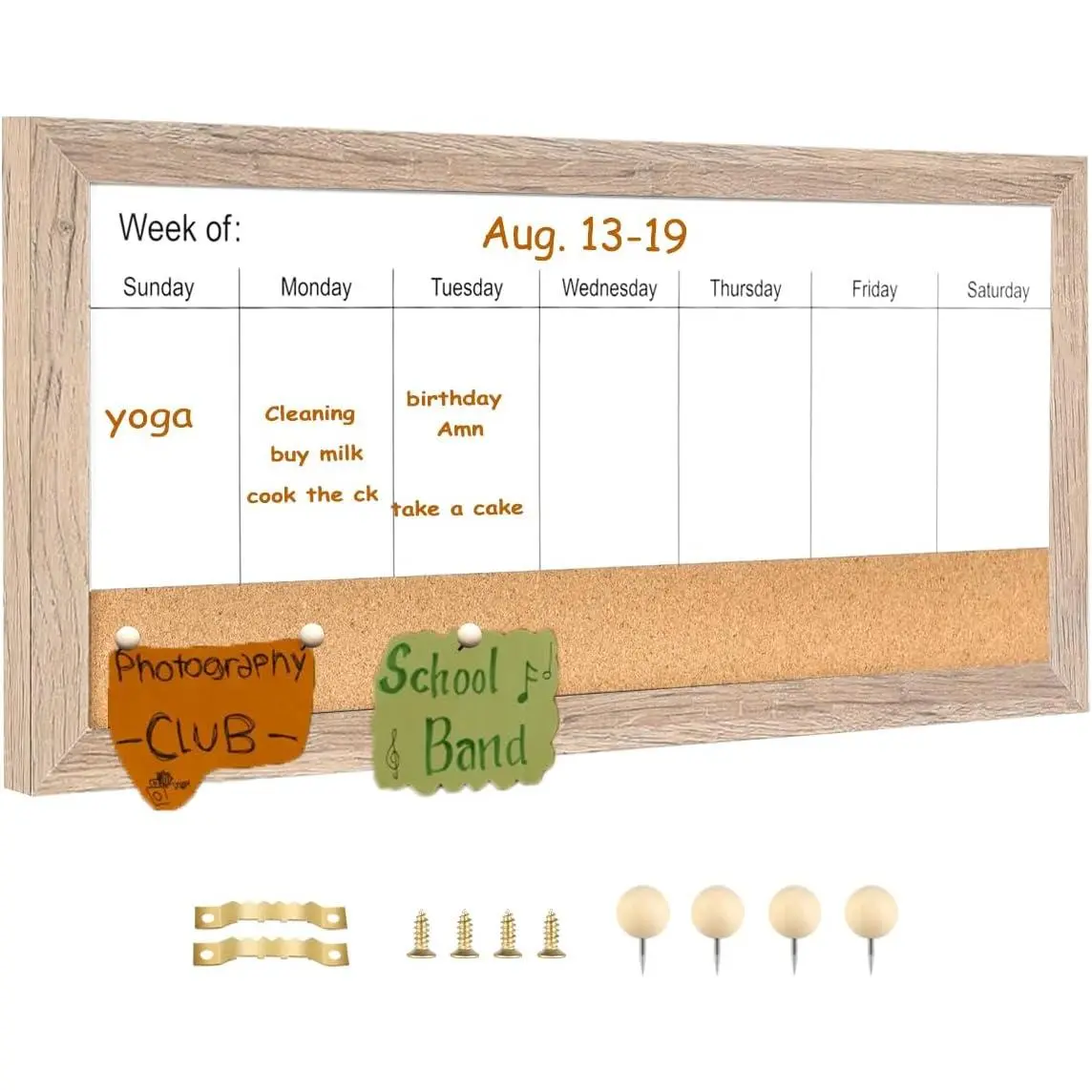 Weekly Dry Erase White Board and Cork Board,Rustic Brown  Frame, Surface Whiteboard for  Office and Wall Decor(ZHZL-2040QZ)