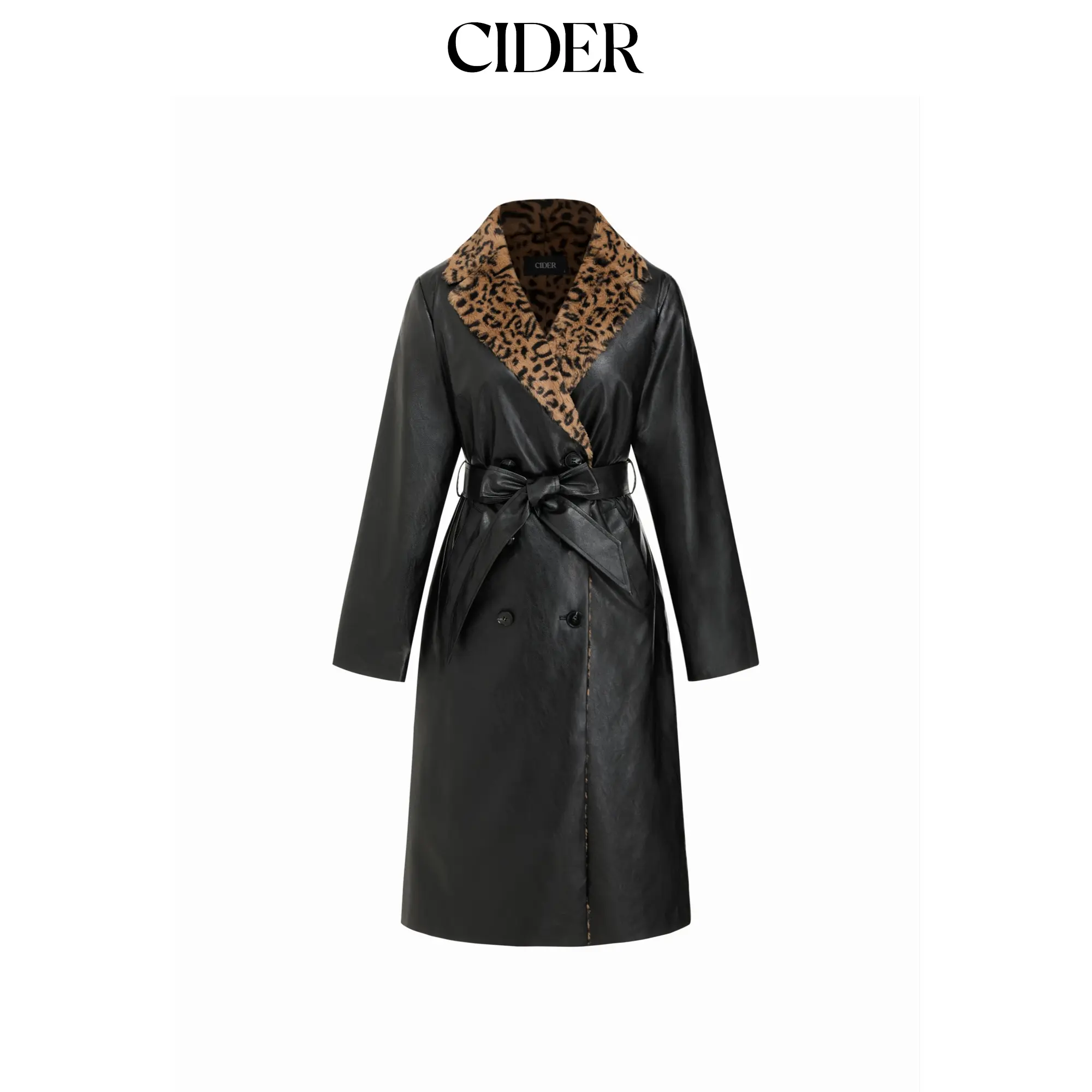 Cider Faux Leather Leopard Faux Fur Trim Double Breasted Coat With Belt