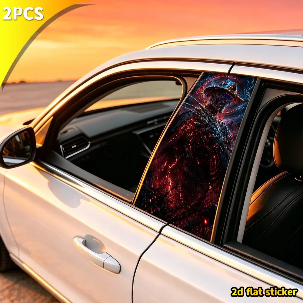 2pcs Car B Pillar Window Sticker, Lava Mechanical Skull Cowboy Smoke Flame Art Vinyl Decal, Durable Waterproof Car Suv Truck Exterior Decor, Car Window Decals