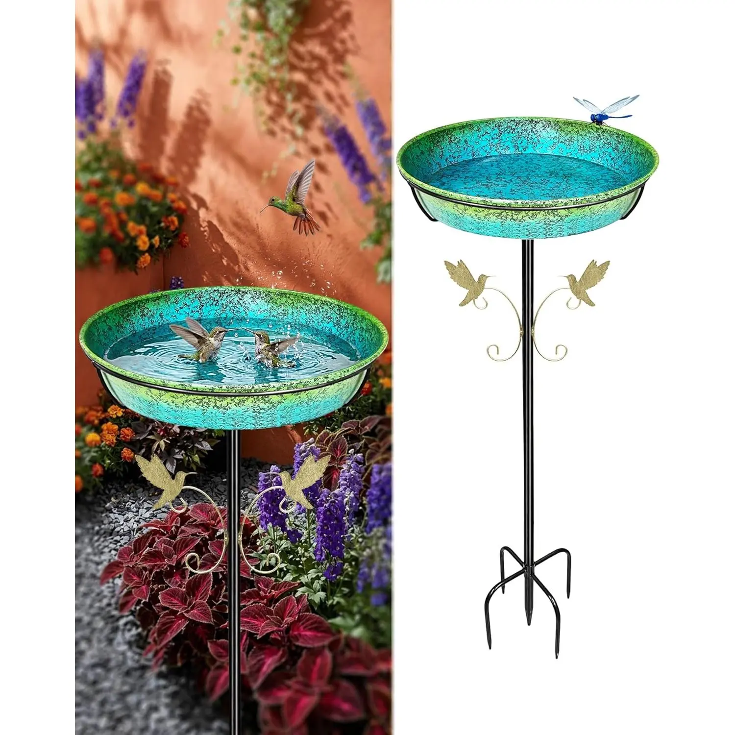 Stunning 35" Metal Bird Bath for Outdoor Standing - Iridescent Blue Green Birdbath with Scientifically Designed Color Lure for Birds, Includes 12" Detachable Bowl, Easy Stake Installation for Garden Patio Yard