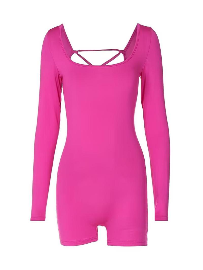 Women's Solid Cut Out Lace Up Romper, Casual Scoop Neck Long Sleeve Skinny Fitted Jumpsuit, Women's Clothes for Spring & Fall Valentine's Day, gift