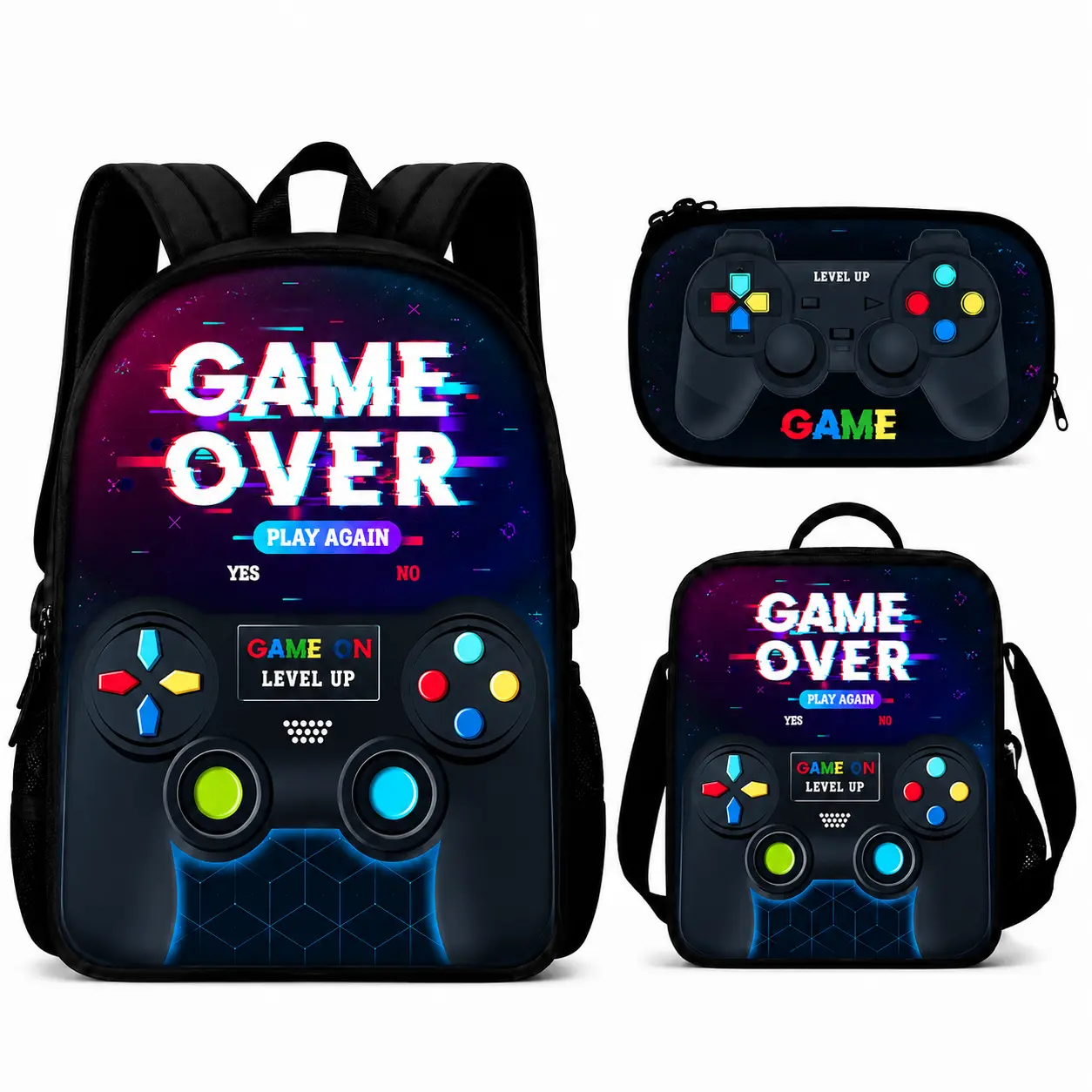 3PCS Kids Gaming Backpack Set, Game Over Controller Print School Bag Set with Backpack, Lunch Bag and Pencil Case, Cool Gamer Backpack for Boys Girls, Matching Student School Supplies Set for Back to School,reinforce,strap,,adjustable,breathable,Clear