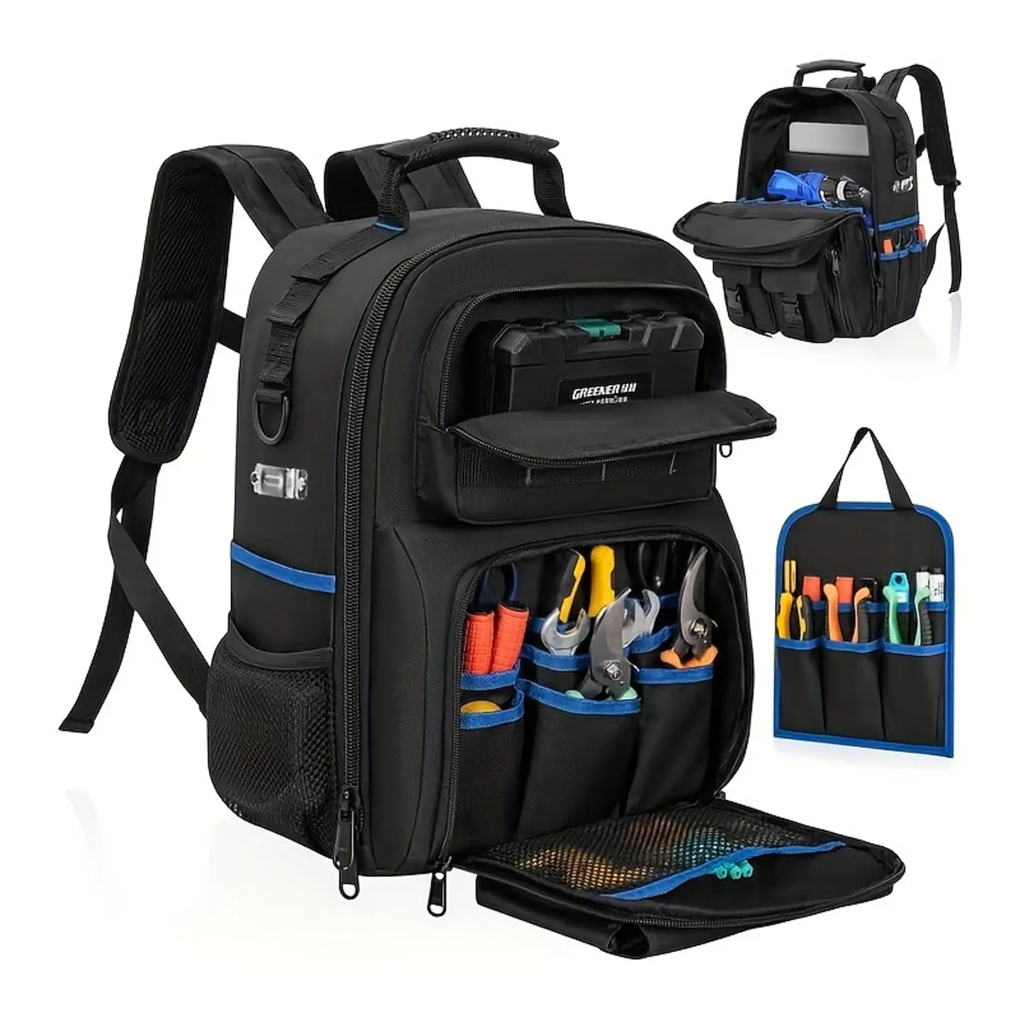 Tool Backpack with Padded Lining, Detachable Storage Bag, Tool Organizer, Hardware Accessories Bag, Electrician Tool Backpack