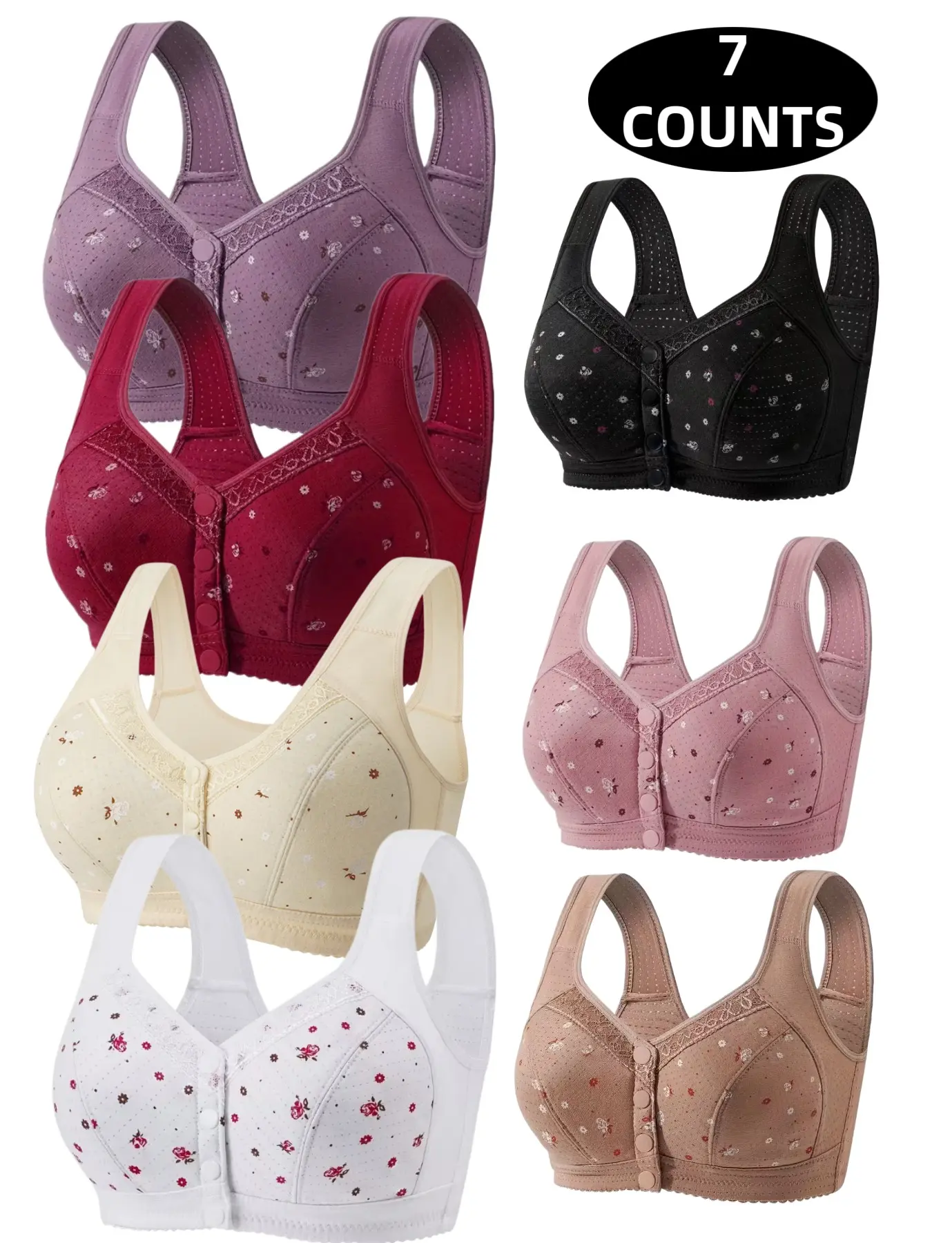 7-Pack Women's Lace Wireless Front Buckle Push-Up Bra, Seamless Comfort Fit, Daily Wear Underwire-Free Bra, Breathable Soft Fabric, Full Day Support