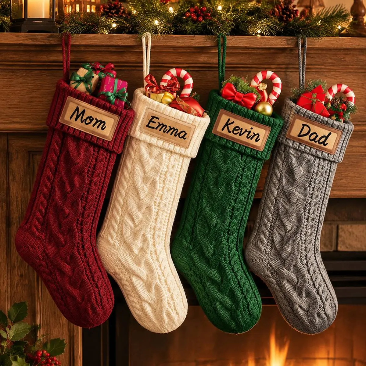 4Pcs Personalized Christmas Stockings with Leather Patches Custom Name, 11.8" Premium Knitted Christmas Stockings for Kids, Family, Holiday and Fireplace Party Decoration