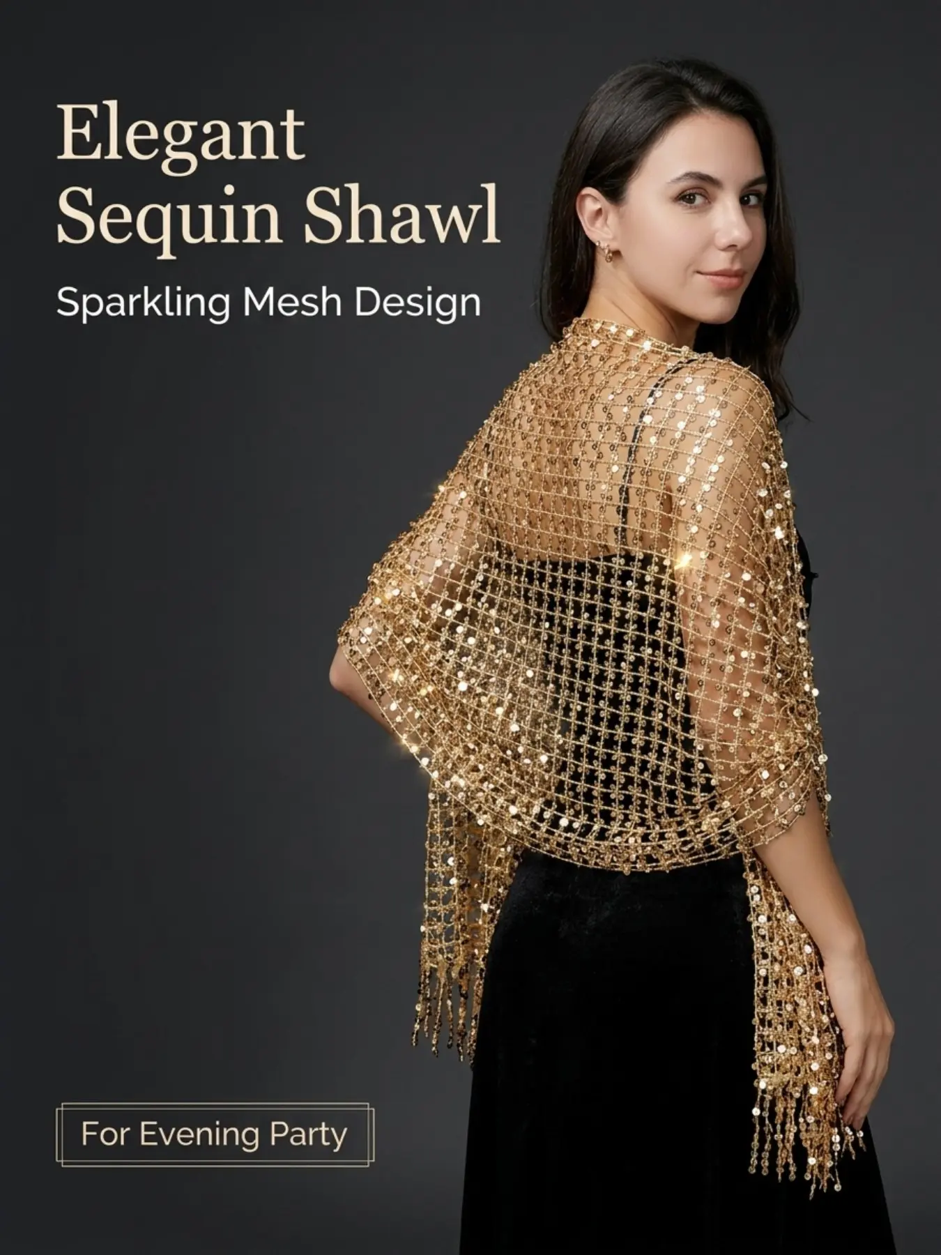 Women's Sequin Mesh Fringe Evening Gown Shawl, Sequin Scarf, Lightweight Breathable Weave, Elegant Glamorous Style, Perfect for Parties, Weddings, Shows