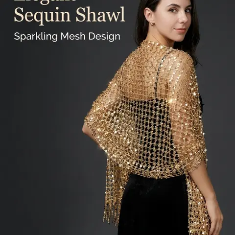 Women's Sequin Mesh Fringe Evening Gown Fashion Shawl, Sequin Scarf, Lightweight Breathable Weave, Elegant Glamorous Style, Perfect for Parties, Weddings, Shows