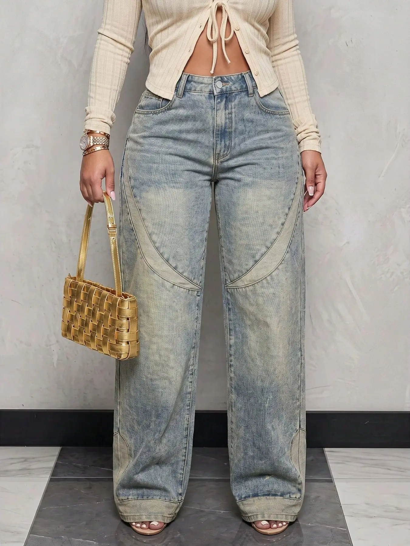 Plus Size Vintage Washed Curved Stitch Wide Leg Jeans, High Waist Baggy Loose Fit Denim Jeans, Comfortable and Stylish Bottoms for Everyday Wear