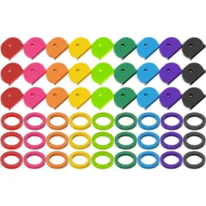 54Count Key Caps Covers Tags, Plastic Key Color Identifiers for Standard Flat House Keys(Not Suitable for Odd-Shaped Keys), Key Coding Rings in 9 Assorted Colors, 2 Styles