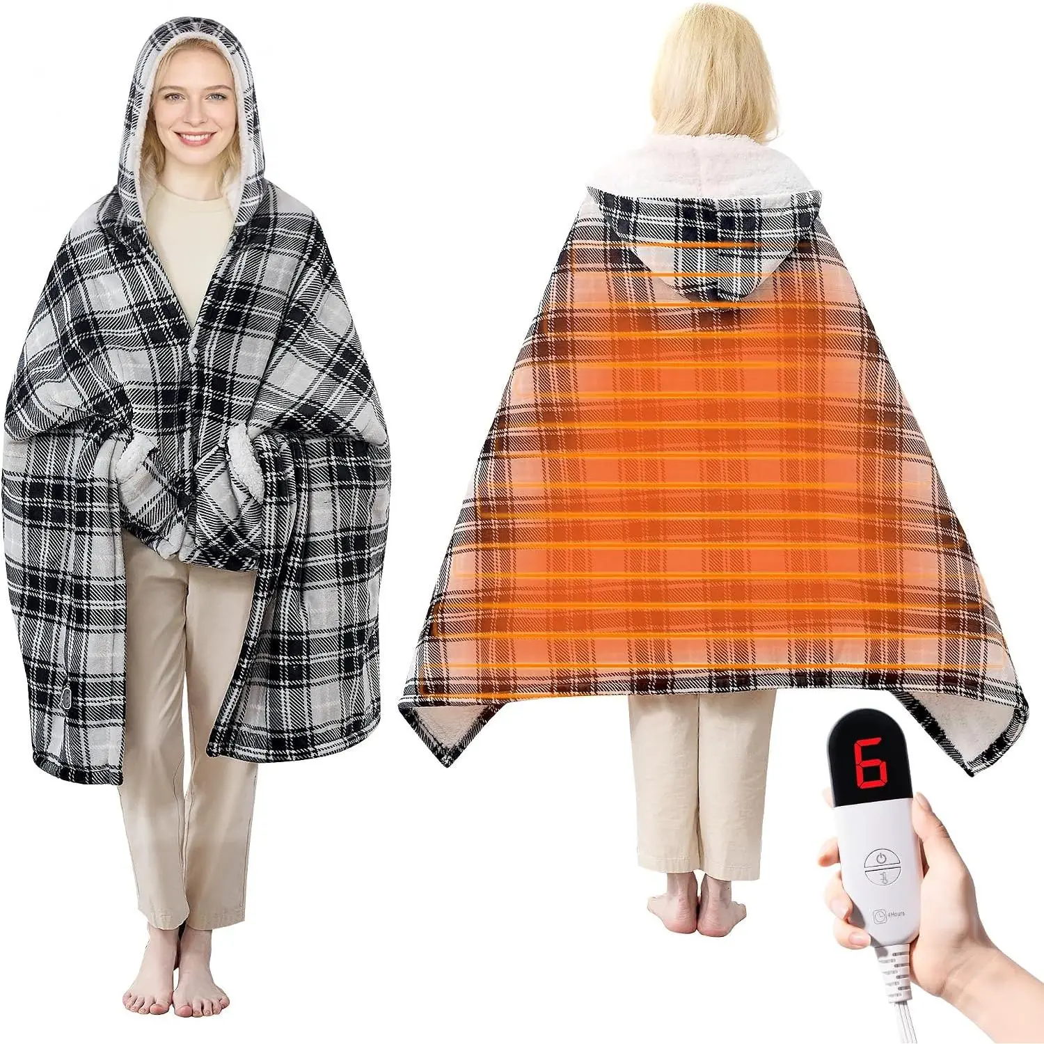 Electric Blanket Wearable Heated Shawl with  & Pockets, 40"x70" | 6 Heat Levels, 4H Auto-Off, Reversible Flannel & Sherpa, Cozy  Heated Throw for , Couch, or Women Mom Wife