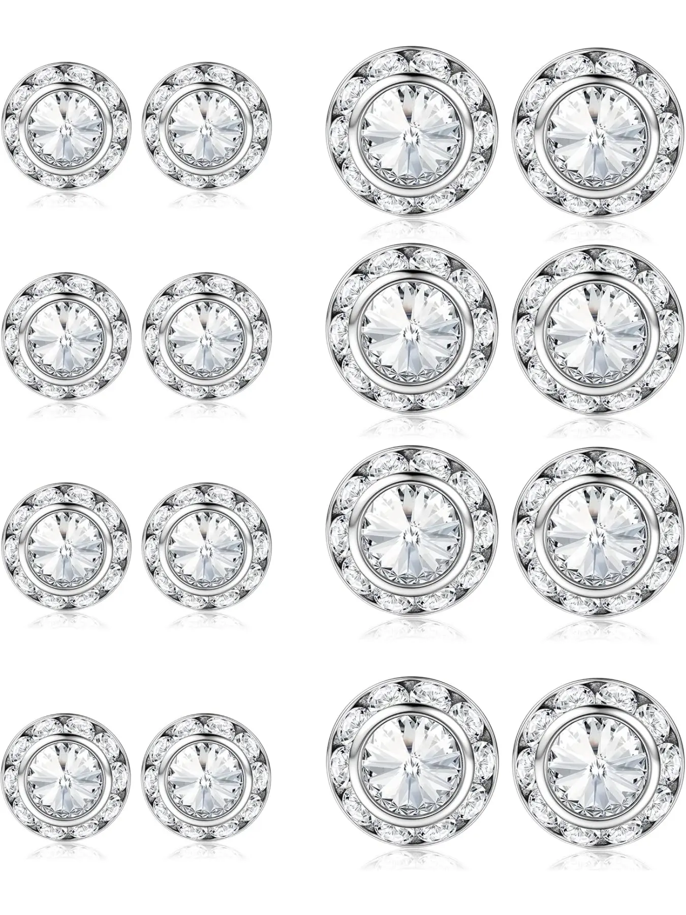 8 Pairs Dance Competition Rhinestone Earrings, 10mm 15mm, Women Round Halo Studs, Stage Opera Party Wedding Bridal Jewelry