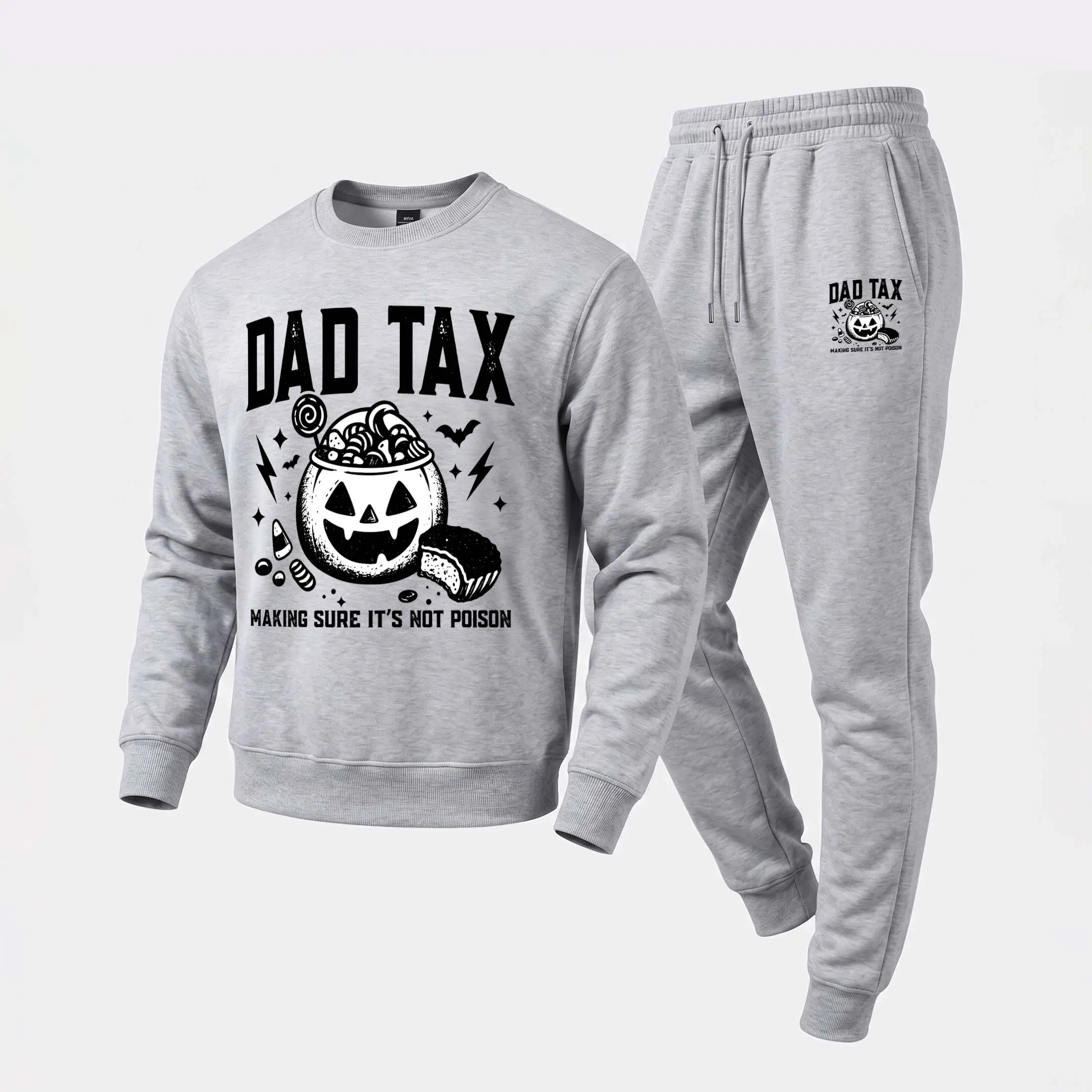 Men's "Dad Tax" Lettering Halloween Candy Jar Crewneck Sweatshirt and Jogger Pants Set, Casual Long Sleeve Pullover with Drawstring Sweatpants, Fall Winter Tracksuit for Daily Wear, Travel, Lounge, Workout and Indoor Outdoor Activities