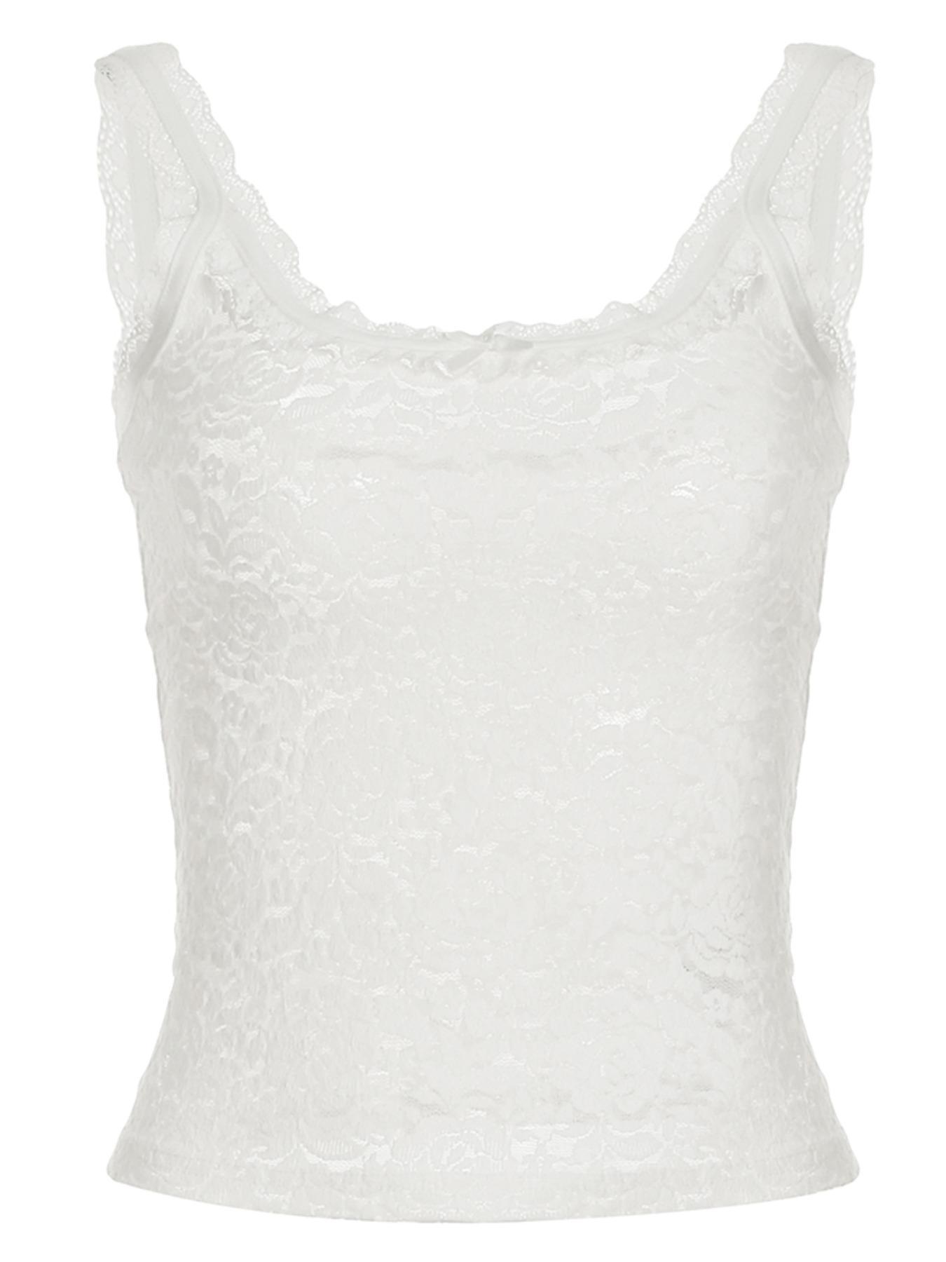 Women's Plain Floral Lace Bow Decor Crop Tank Top, Casual Fitted Sleeveless Sheer Top for Spring, Fashion Women's Top for Daily Wear
