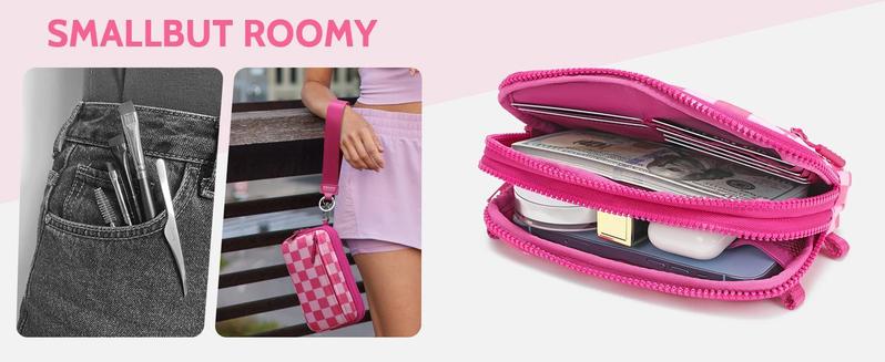 Wristlet wallets for women Nylon Quilted Wallet with 4 Zippers,Travel Credit Card,Holder Cell Phone Organizer, checkered belt bag