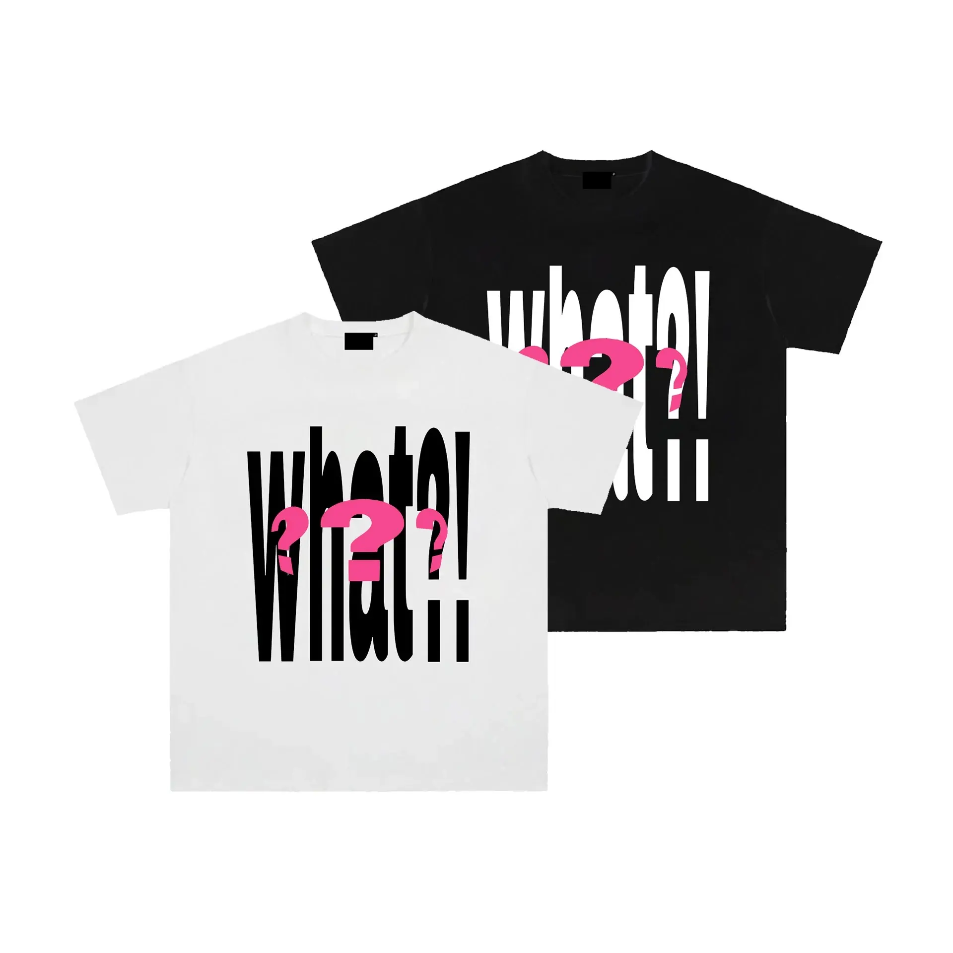 Men's Oversized Cotton Short-Sleeve Round Neck T-Shirt - Bold "What?!" Letter Graphic, Pink Question Mark Slogan Print, Streetwear Tee Tops, All Seasons Casual Top