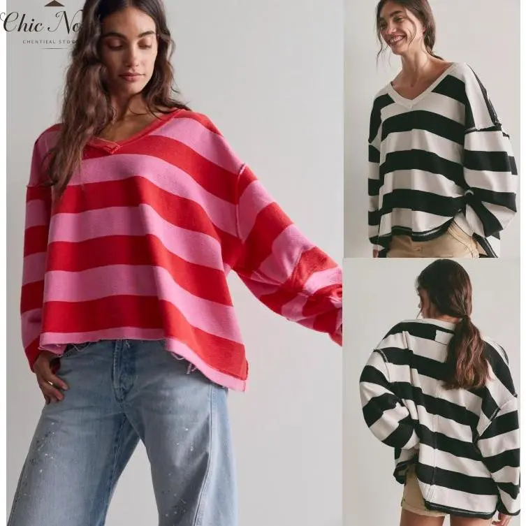 Women’s V Neck Sweatshirts Long Sleeve Striped Contrast Color Pullovers