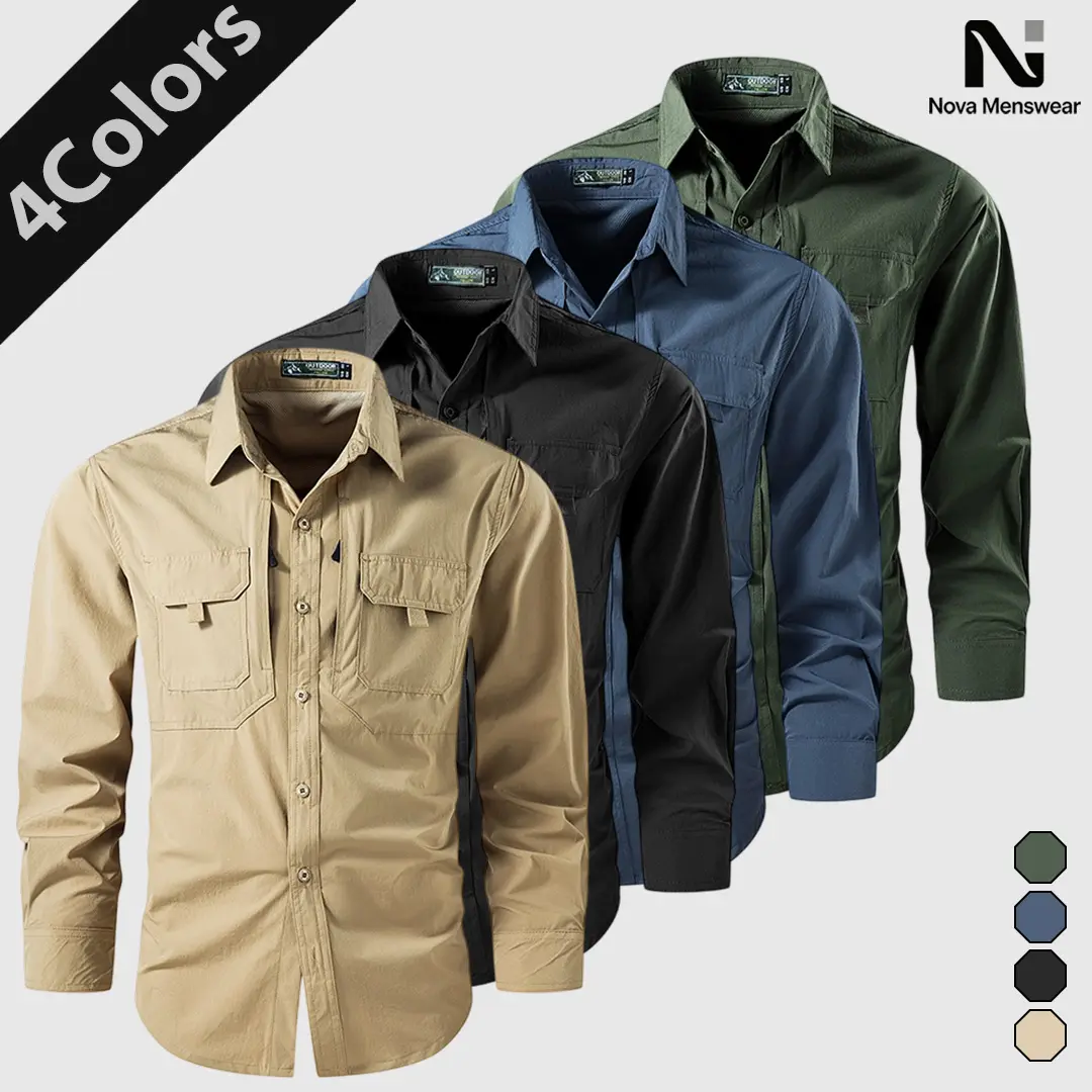 Men's Solid Pocket Button Front Shirt, Regular Fit Casual Long Sleeve Collared Top for Fall & Winter, Men's Clothes for Outdoor Work, Menswea  Outdoor Shirt - Men's Solid Color Casual Long Sleeve Top   Menswear Plain