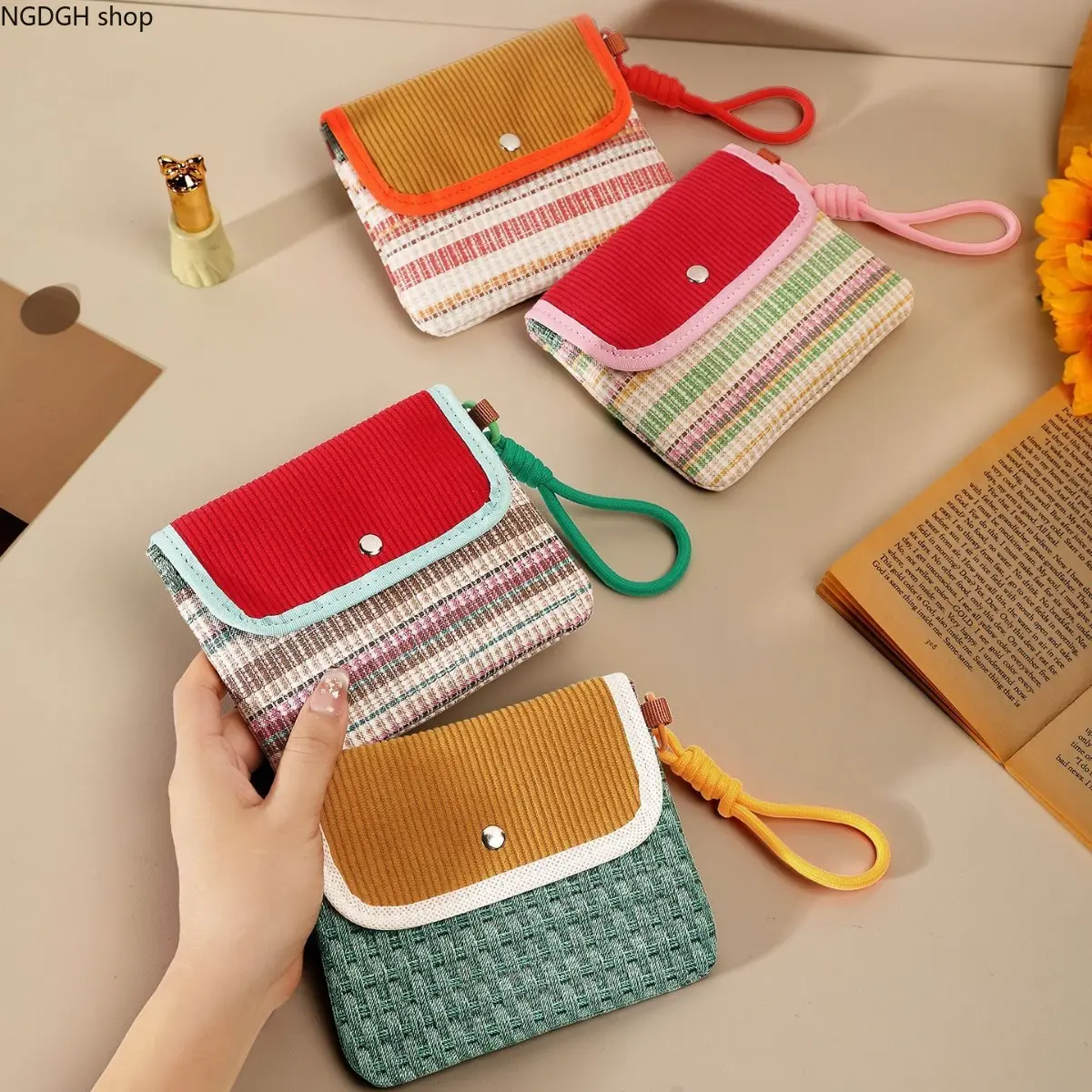 Cute Small Fabric Wallet,Vintage Plaid Corduroy Card Pouch,Snap Button Coin Purse With Wrist Lanyard,Multi‑Pocket Minimalist Card Holder,Lightweight Portable Organizer For Credit Card ID Lipstick Daily Commute Weekend Travel