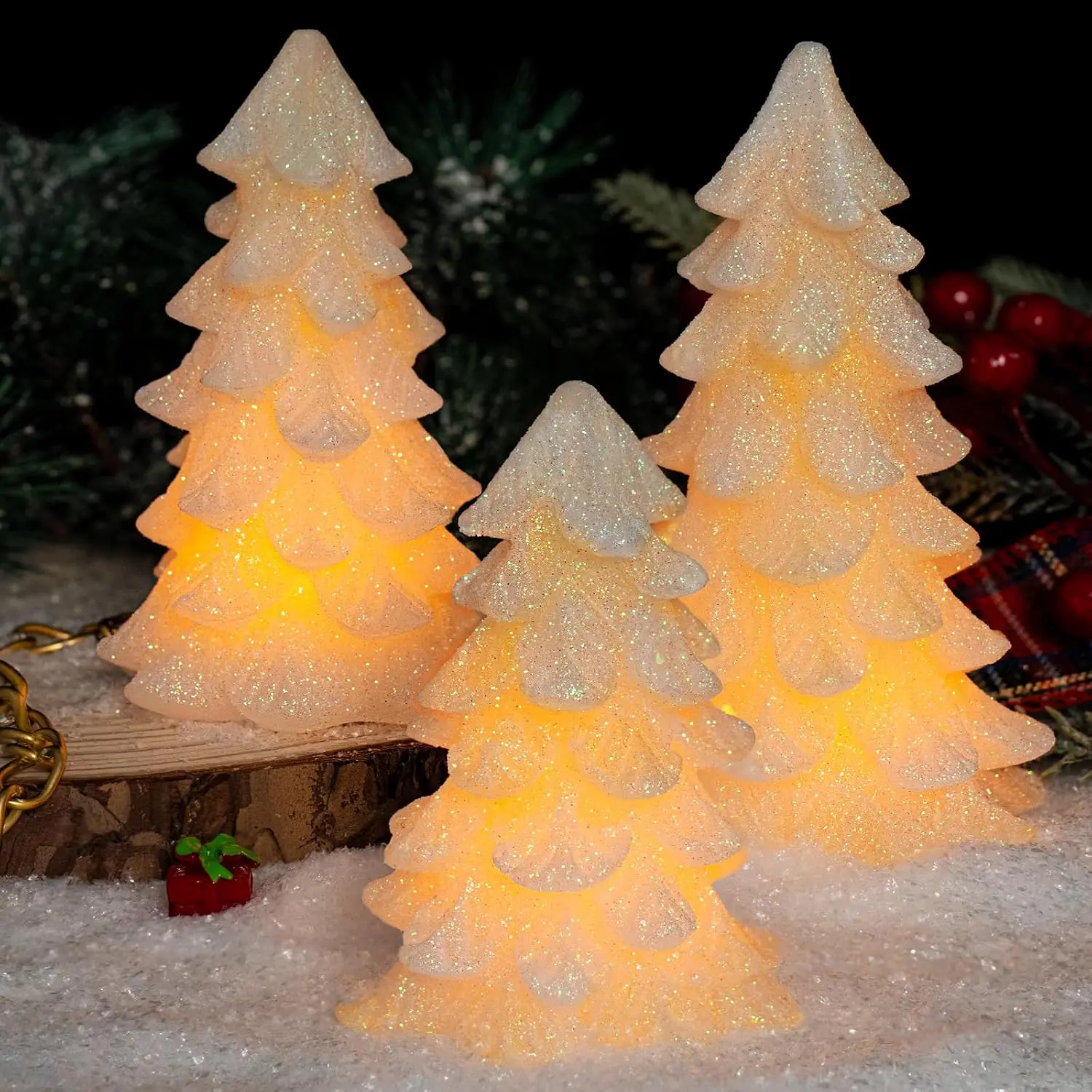 White Glittering Christmas Tree Shaped Flameless Candles with Timer, Real Wax Flickering  Operated LED Candles for Christmas  Party Decoration Set of 3