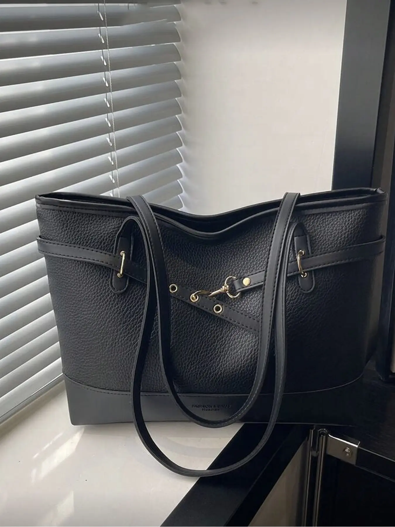 Multi - functional Black Leather Tote Bag with Gold Metal Buckle for Office School Work Business Commute Outdoor Travel and Outing