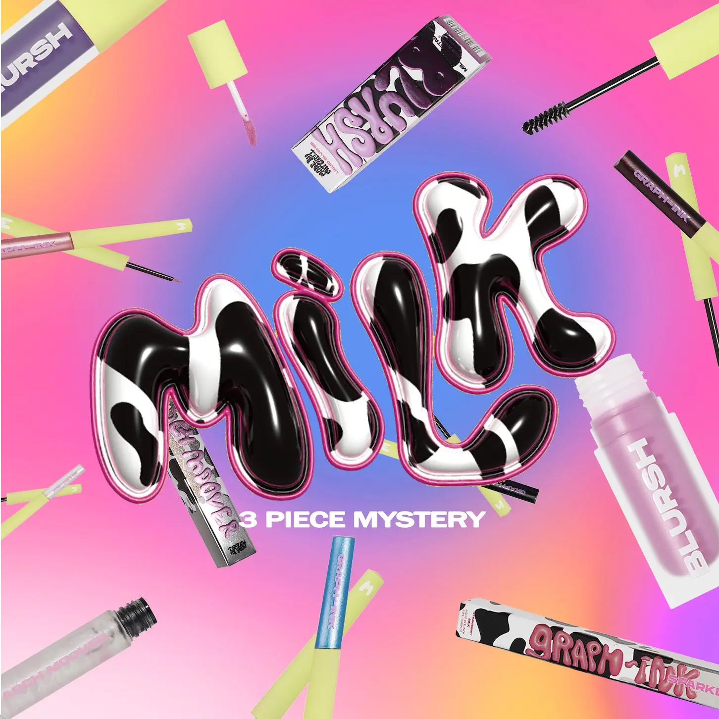 [Made By Mitchell]  Milk Mood Box- 3PCS Bundle-curated mystery shades，includes Graph-ink Sparkled Liquid Eyeliner*1 + Blursh Liquid Blusher*1+Arch Moover Brow Gel*1 Cosmetic Gift Set