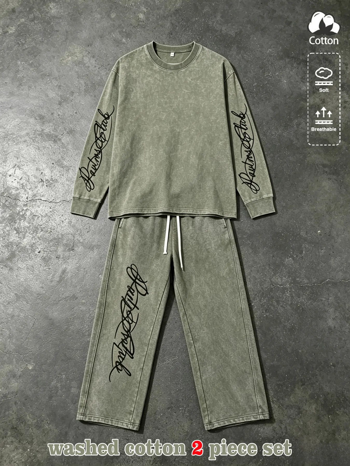 Men's 100% Washed Cotton Two-Piece Set, Vintage Distressed Letter Print Long Sleeve Top + Drawstring Wide Leg Pants, Y2K Streetwear