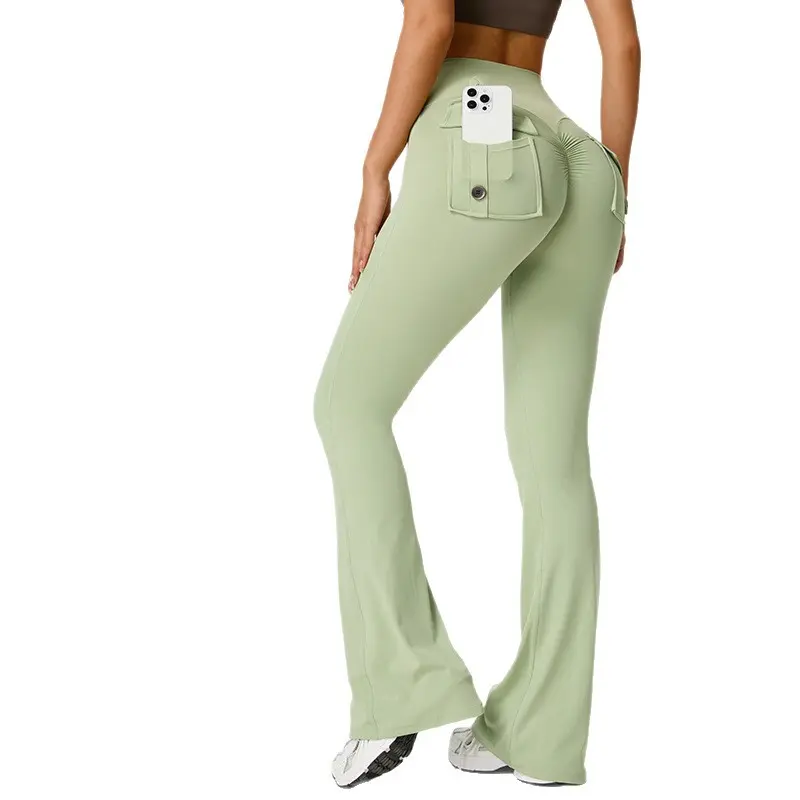 Women's Workout Flare Leggings with Pockets Hidden Scrunch High Waisted Cargo Gym Yoga No Front Seam Leggings Flared Joggers Fitness Outfit Camouflage Sports Pants