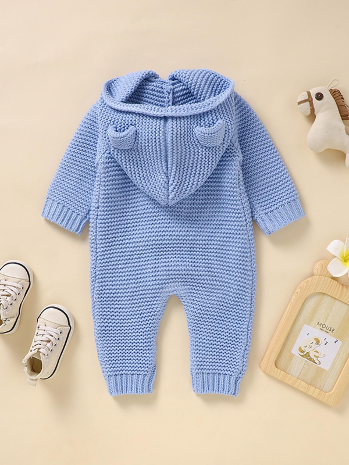 Baby's Solid Cable Knit Button-Front Hooded Sweater Jumpsuit, Cute Casual Long Sleeve Jumper Onesies for Newborn and Infant, Baby Clothing for Daily Wear