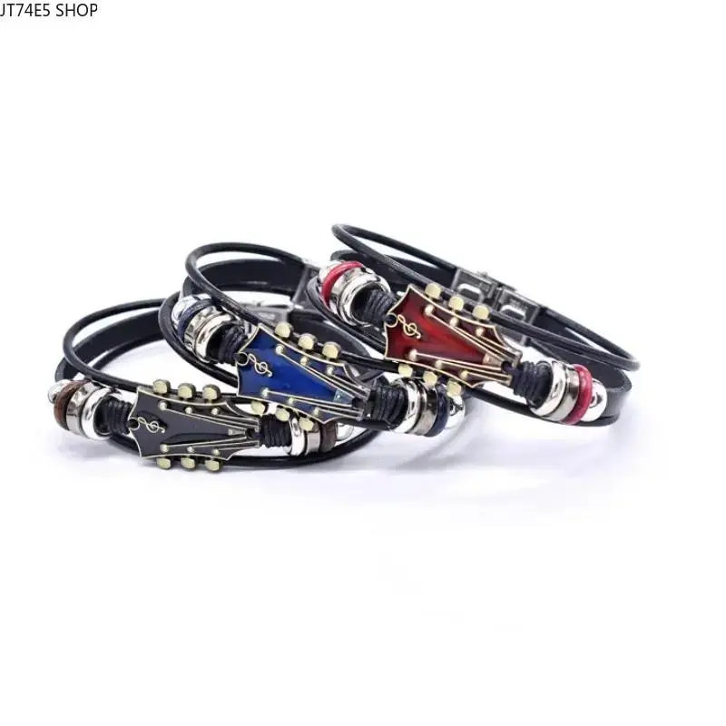 Vintage Guitar Leather Bracelet, Rock & Roll Style Wrist Accessory, Fashion Jewelry Gift for Music Lovers & Musicians