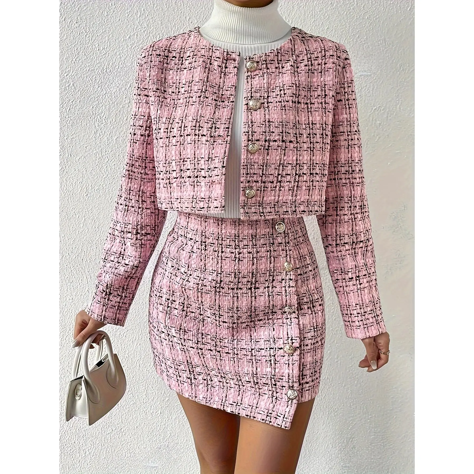 Women's Short Jacket and Skirt| French-Style Plaid • Button-Front