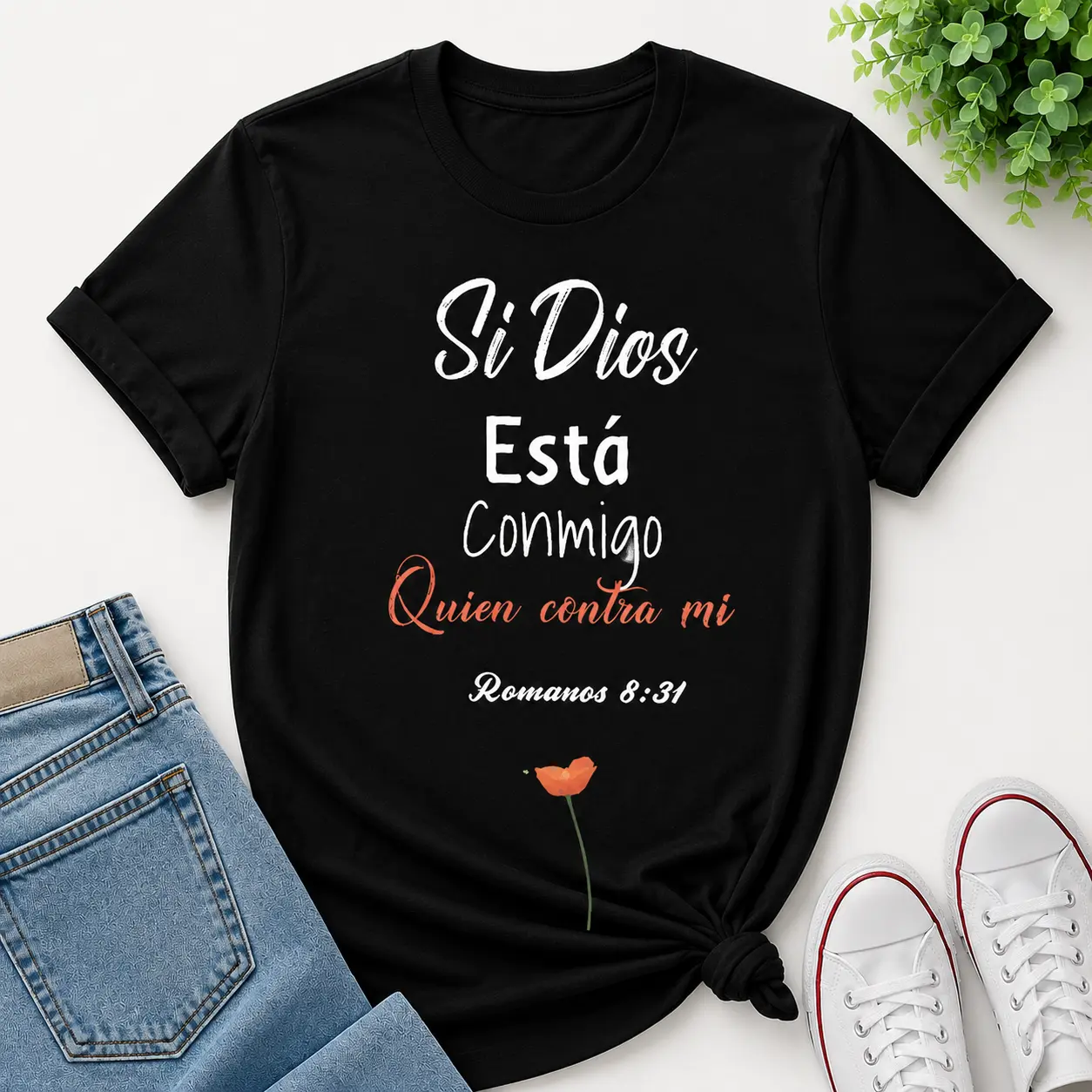 Si Dios Está Conmigo Quien Contra Mi Romanos 8:31 Spanish Christian T-Shirt, Latina Religious Bible Verse Floral Graphic Tee, Inspirational Faith Gift For Hispanic Women
