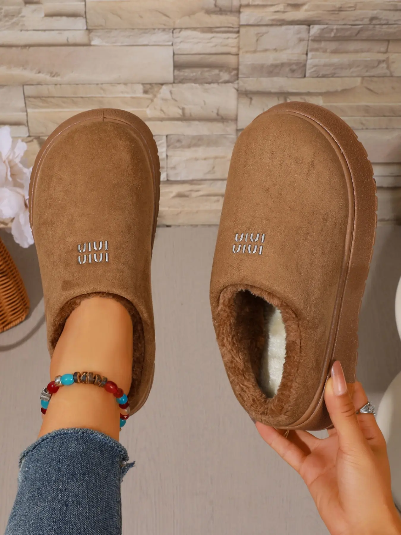 Vintage Thick Sole Birkenstock Half Sandals for Women, Fall Winter Outdoor Wear, Fuzzy Lining Warm Lazy Cotton Slippers