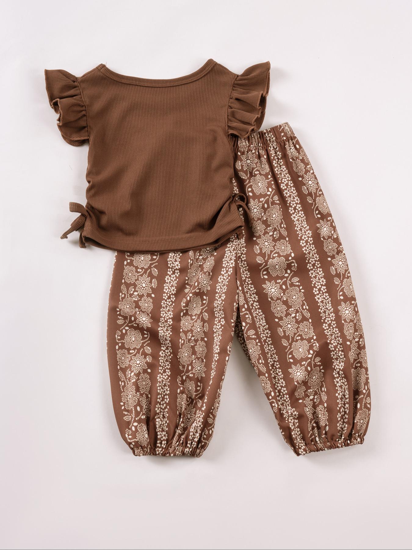 Toddler Girl's Ditsy Floral Print Frill Trim Ruffle Tee & Pants Set, Casual Soft Comfy Short Sleeve T-shirt & Trousers for Summer, Kids Clothes for Daily Wear