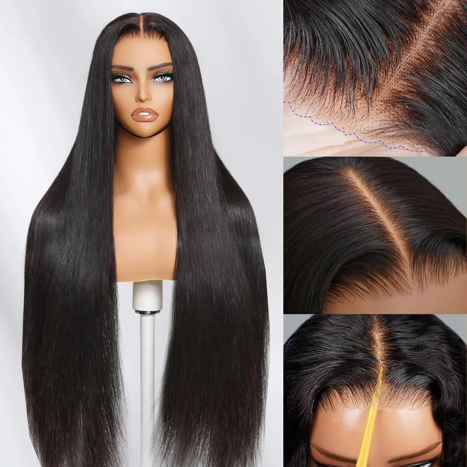 4x4 HD Lace Front Glueless Wigs Human Hair Pre Plucked Pre Cut | Wear and Go Drawstring Straight Human Hair Wigs 150% Density Natural Black Muaby Hair