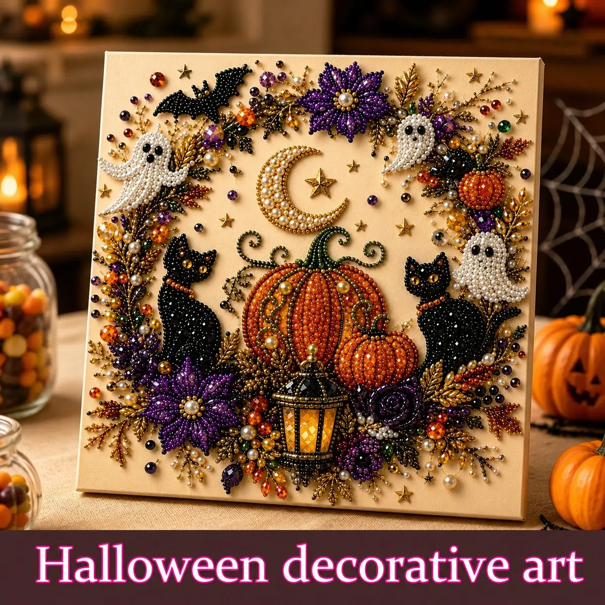 Diamond Art Kit for Beginners, DIY Halloween Witch on Moon Bead Painting, Sparkling Pearl-Style Craft Set for Fall Wall Decor, Halloween Decor, Diamond Art Kits