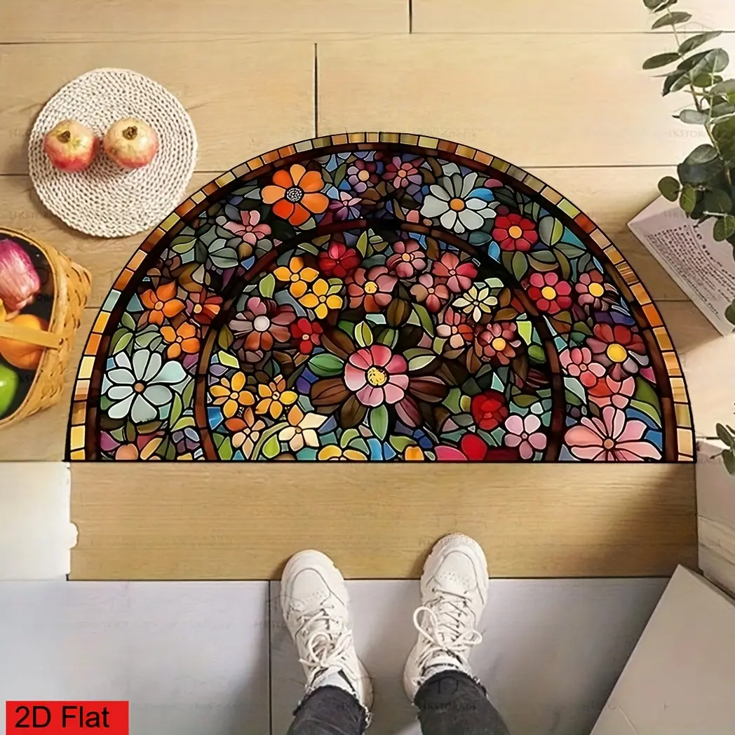 2D 1pc Classic retro style, welcome door mat with colorful flower lines, semi-circular printing design, non-slip, machine washable, suitable for courtyard, foyer, entrance area, essential for spring and summer, festival decoration, Decorative Mats