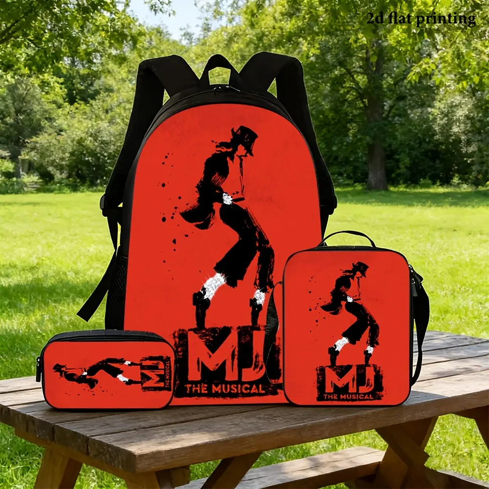 Michael Unisex 3-Piece Retro School Backpack Set for School Supplies, 600D Waterproof Oxford Fabric Bag with Ink Splatter MJ Dance Silhouette Print, Zipper Closure, Adjustable Straps, Breathable Design, Insulated Lunch Bag Included