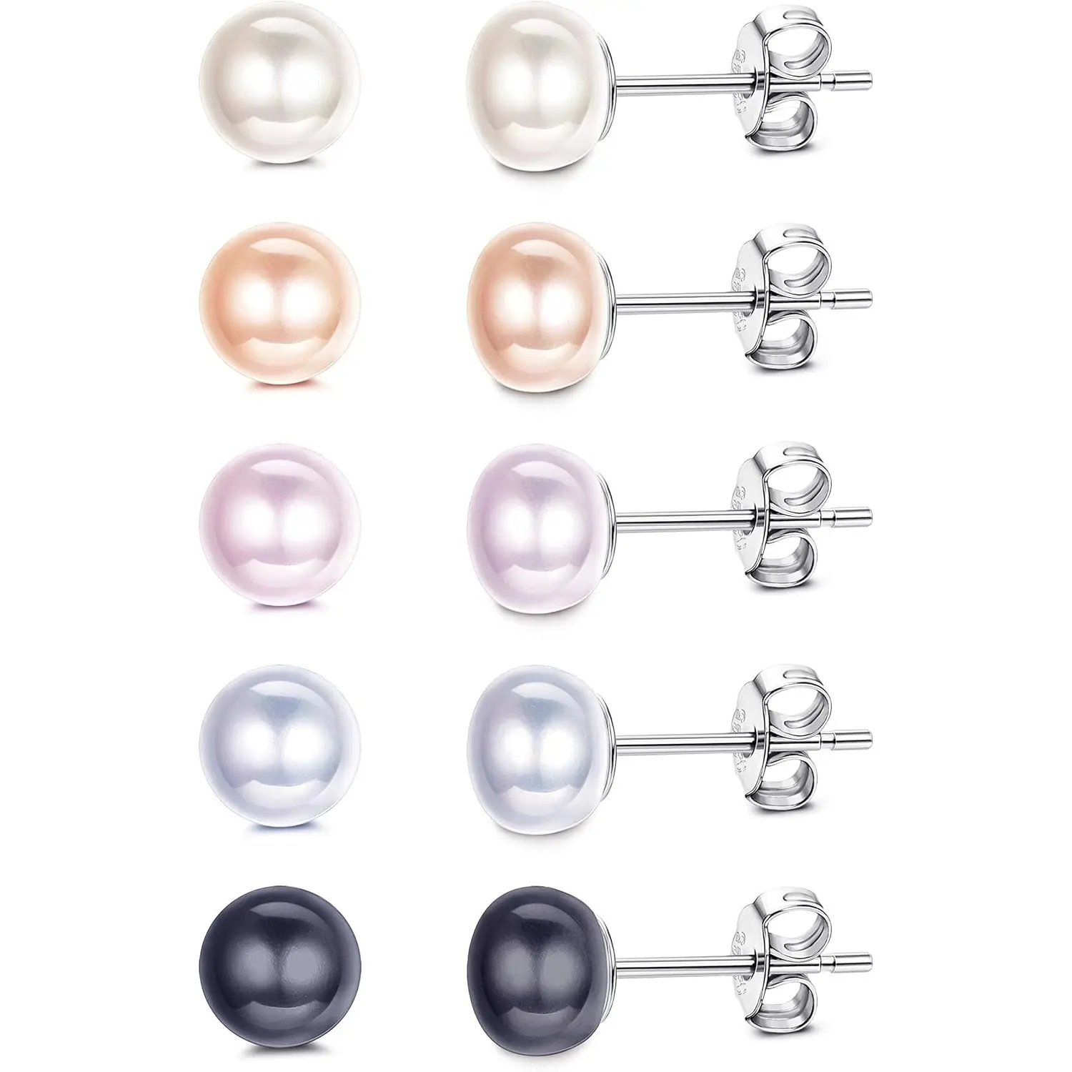 5 Pairs Genuine Freshwater Cultured Pearl Stud Earring Set, 18K White Gold Plated Sterling Silver Earrings, Wedding Bridal Jewelry for Women