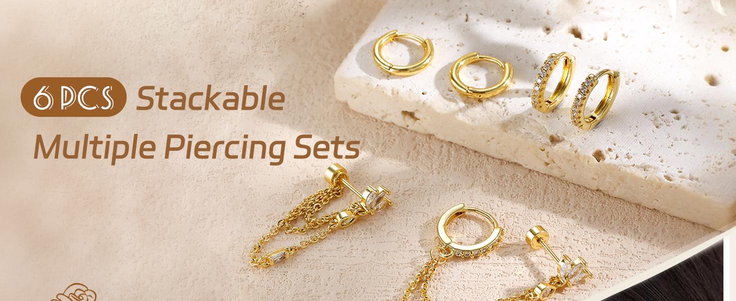 BASIC SUPPLY 6PCS Earring Stacks Cartilage Chain Helix Piercing Sets For Women Flat Back Multiple Piercing Dangle Huggie Hoop Stackable Jewelry