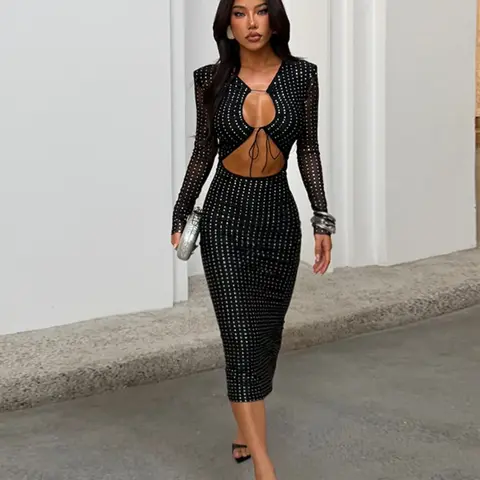 Sexy European Style Fashion Sequined Long Sleeve Bodycon Dress, Elegant Fashion Dress, Autumn New Arrival, Tight-Fitting Long Dress with Hollow Out Design, Perfect for Parties, Cocktail Dresses