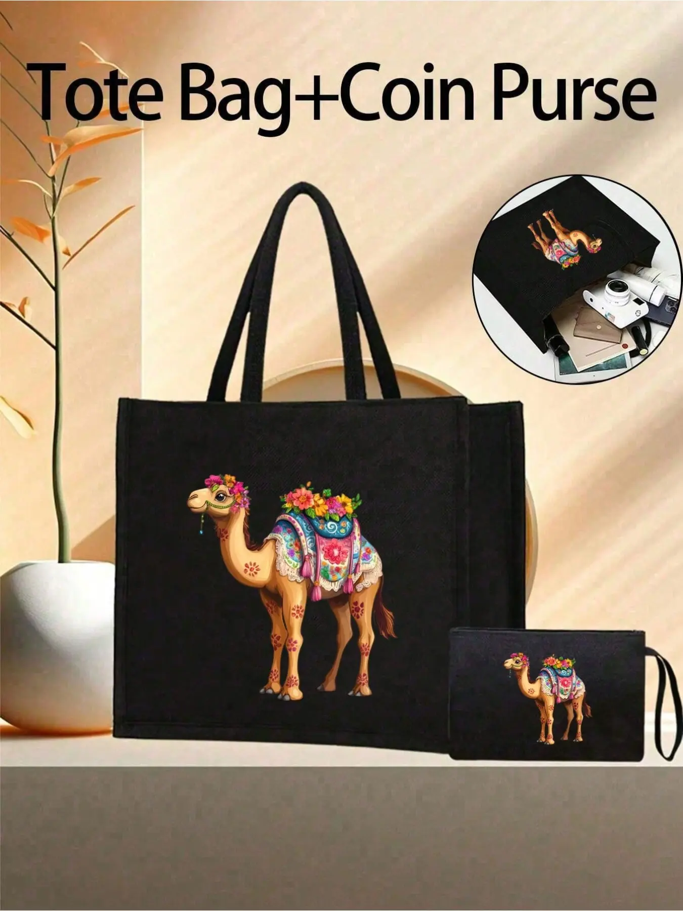 Large Capacity Handbag with Makeup Bag, Camel Pattern, Durable Open Top, Reusable Muslim Prayer Bag, Eid Gift, Travel, Shopping, Picnic