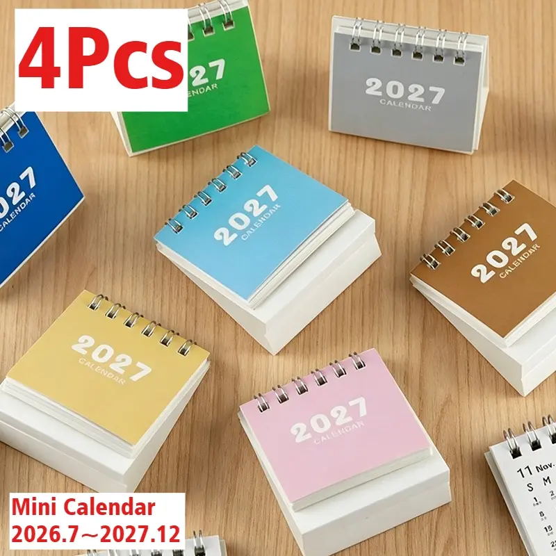 4Pcs Mini 2027 Desk Calendar Double Coil Standing Base Standing Calendar Flip Calendar Daily Planning New Year's and Christmas Gifts