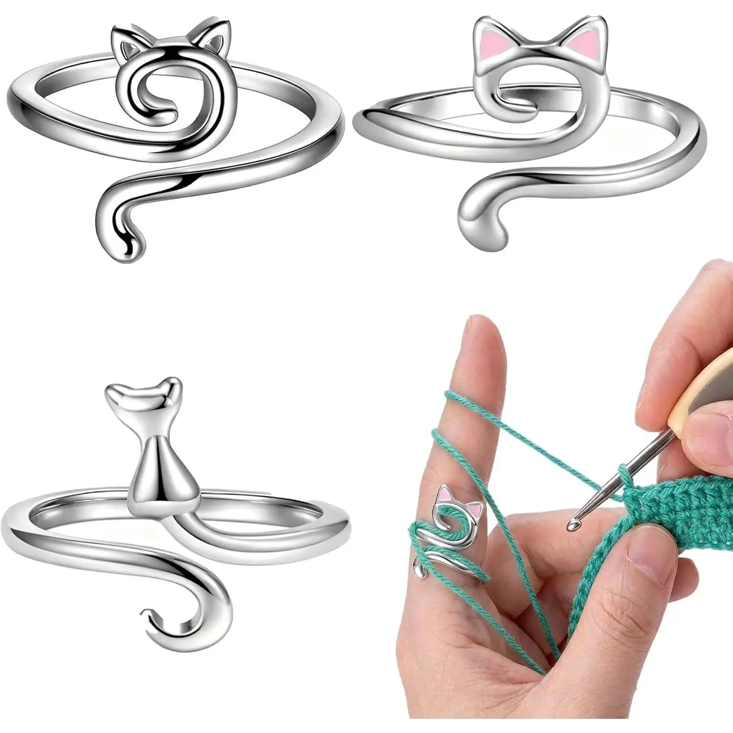 3Pack Adjustable Metal Crochet Tension Ring, Yarn Tensioner for Crocheting and Knitting, Finger Yarn Guide Ring