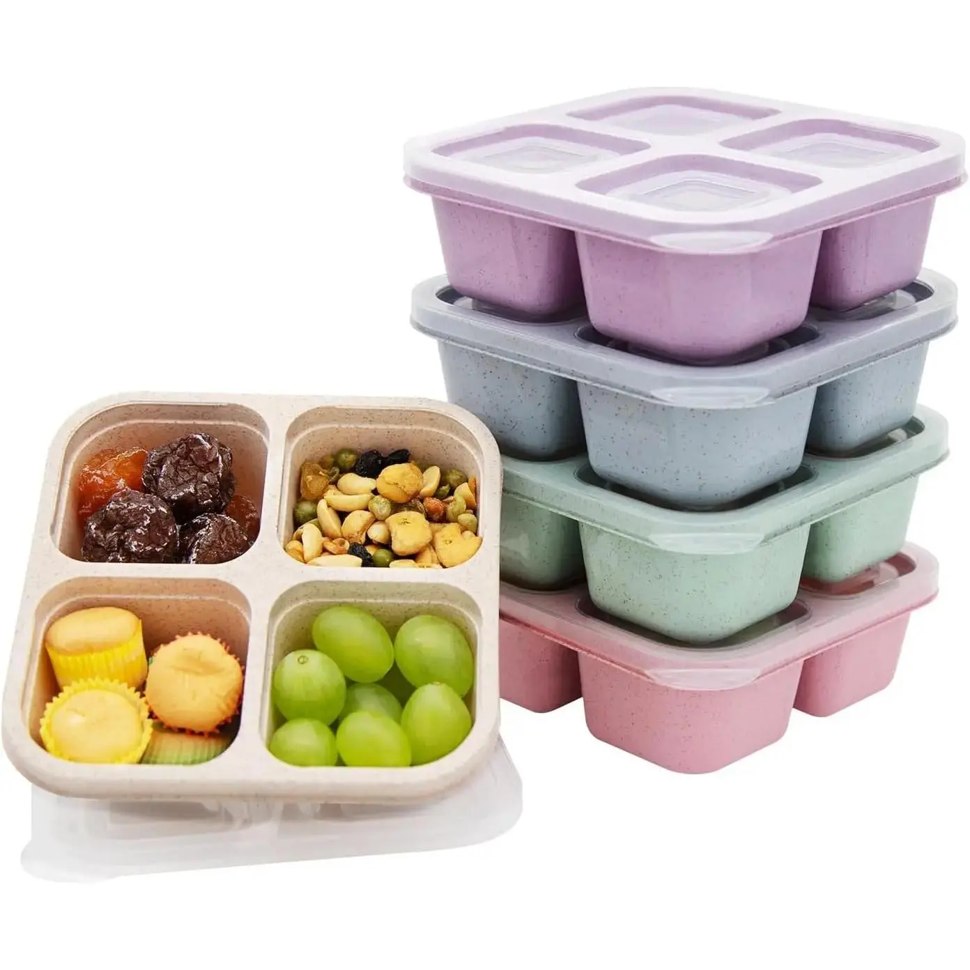 5-Pack Stacked Packs Multicolor 4-Compartment Bento Lunch Boxes, Compartmentalized Food Storage Containers for Toddlers, Ideal for School & Work