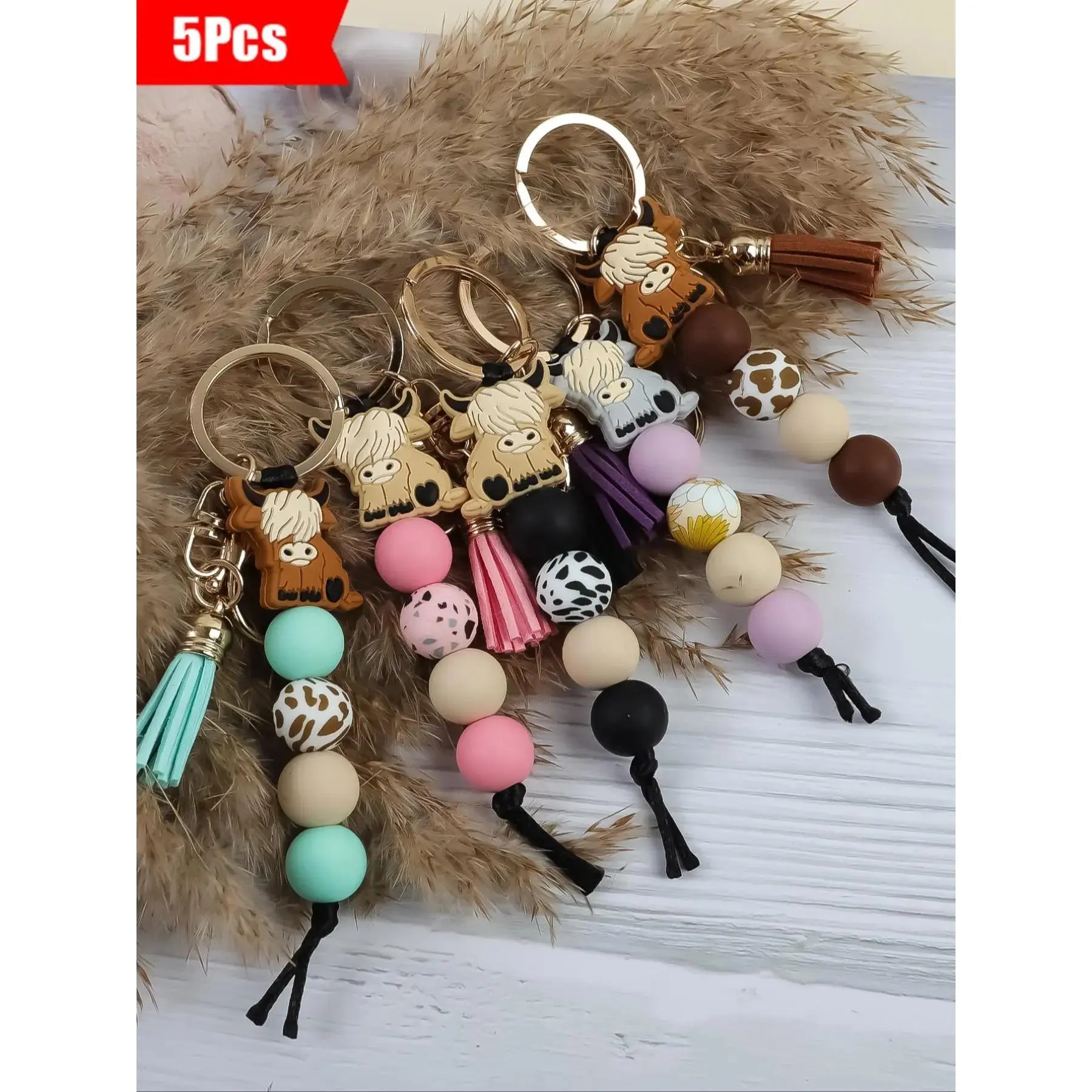 5 Pieces Candy Color Silicone Beaded Keychain Set, Trendy Cute Keychain, Keychain for Bags, Cute Yaks Pendant with Short Tassel Keyring, Practical Gift for Friends and Special Occasions