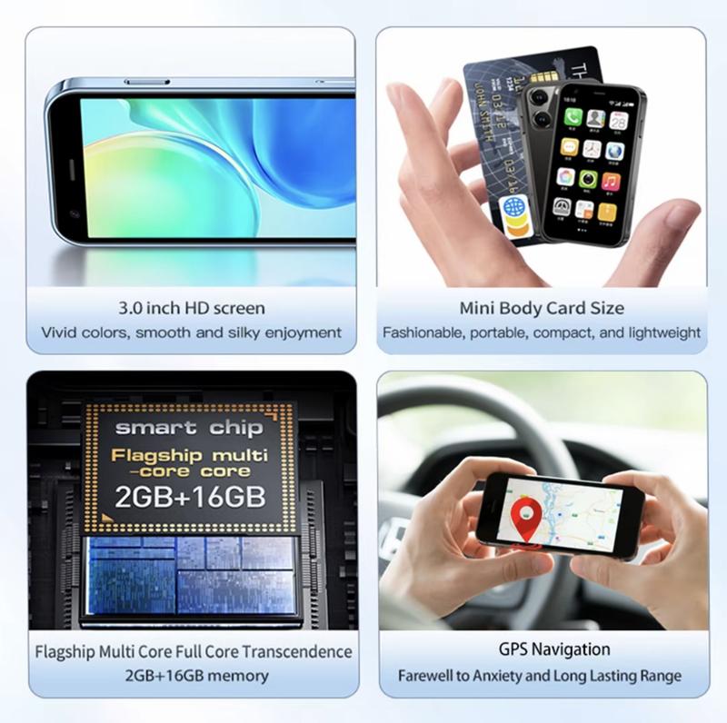 3-inch mini pocket smartphone with HD touch screen, 2+16GB RAM, dual SIM dual standby, 2MP+5MP dual camera, 3G unlocked Android 9 smartphone, supports WiFi, Bluetooth, GPS, and calls.Suitable for children's portable phone