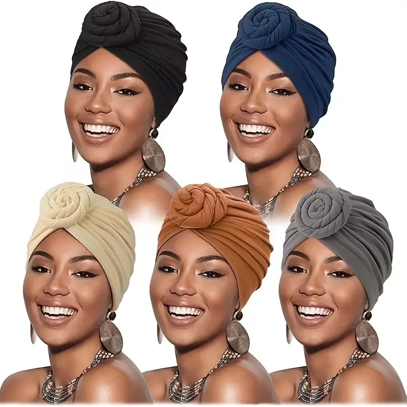 5Pcs Women's Fashion Turban Hat Bohemian Cross Wrap Hat Indian Hat Turban Hat, Women's African Turbans Floral Knot Pre Tied Hat Brim Headscarf