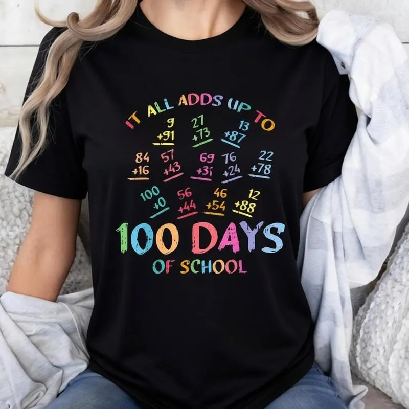 Men's 100 Days of School T-Shirt, Casual Math Graphic Tee in 100% Cotton, Classic Fit Short Sleeve Fashion Top, Basic, Menswear, Unisex, 100 Days Of School Math Equations