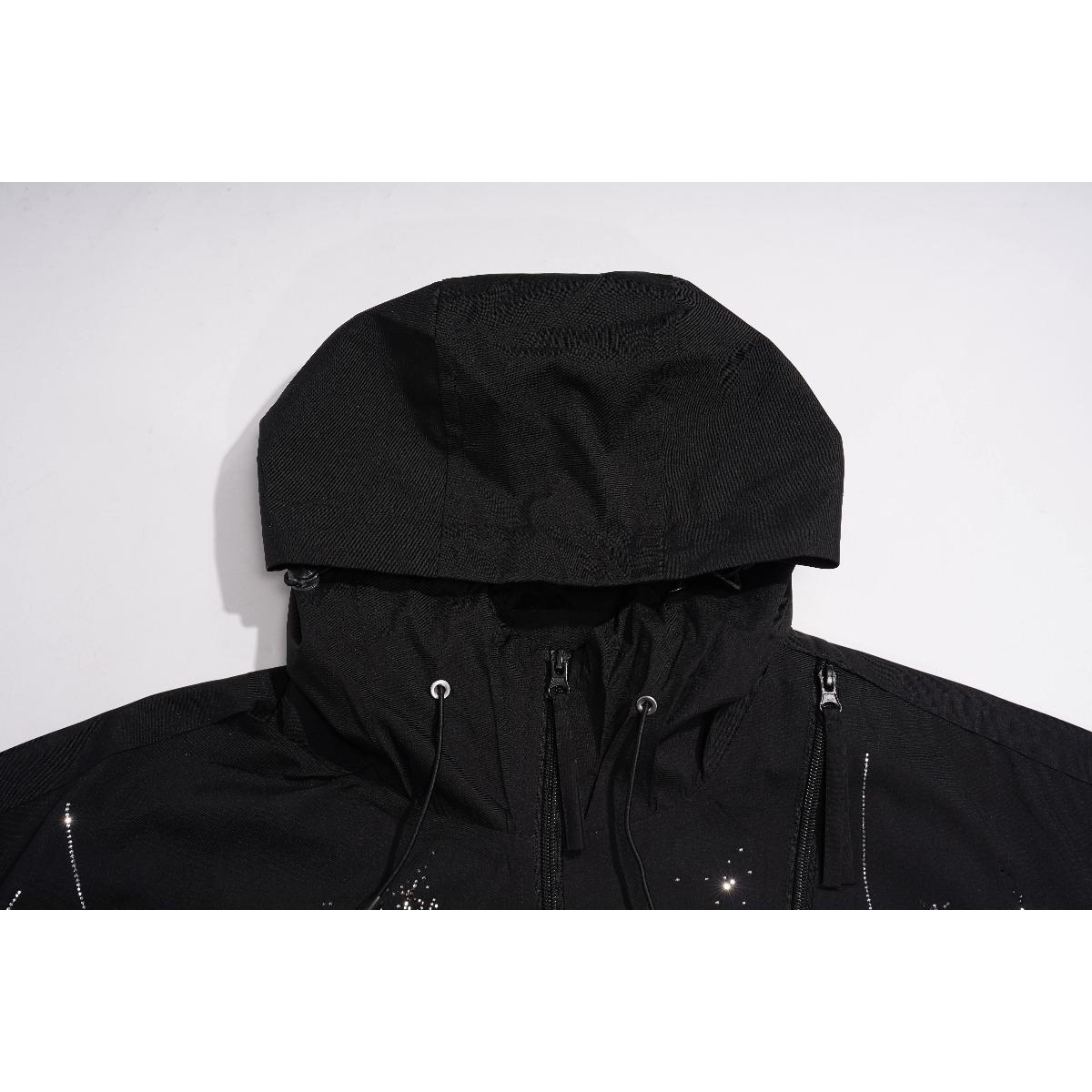 Greenish TCH trendy star studded black hooded casual jacket for both men and women, 2026 spring/summer